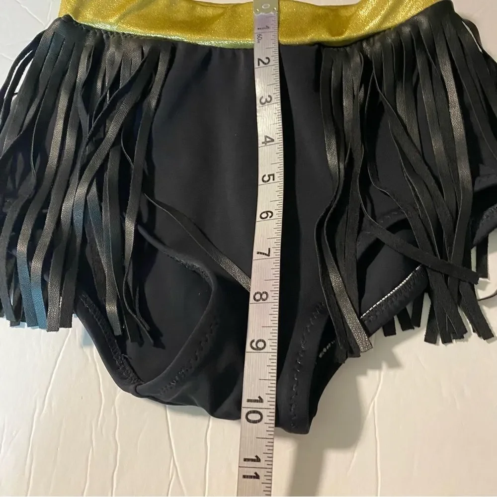 Custom glamorous mature solo dance costume 2 piece leather fringe black MC LC
